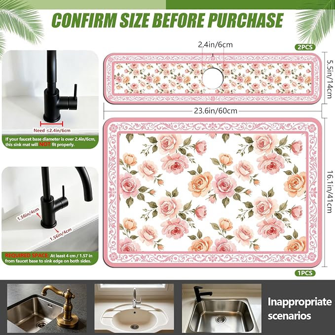 3 Pcs 2 Size Kitchen Sink Splash Guard Faucet Mat Pale Pink Flowers Pattern - Image 2