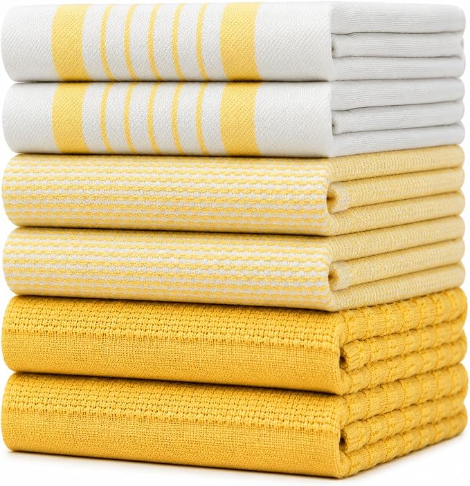 Premium Kitchen Towels 6 Pack 100% Cotton 20"x28" Dish Towels Yellow Stripe by BumbleTowels