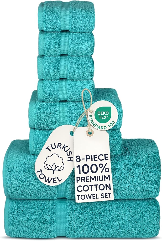 Chakir Turkish Linens 100% Cotton 8-Piece Towel Set, Aqua | Premium Towel Set by ChakirTurkishLinens