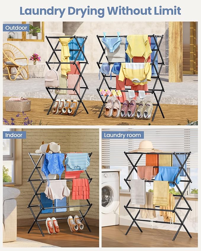 Oversize 3-Tier Clothes Drying Rack, No Install, Non-slip feet, Tool-free Setup - Image 7