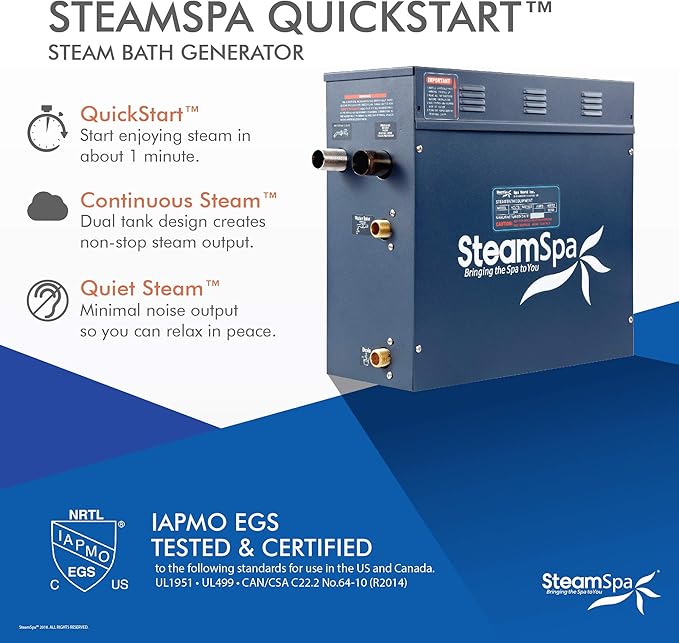 SteamSpa 9kW Steam Sauna Generator Sentry Series 240V Steam Generator with Touch Screen, Steamhead, Built-in Steam Shower Auto Drain, ACU Quickstart Steam Bath Generator Bundle SNT900CH-A