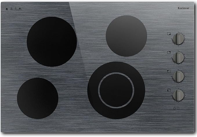 Karinear Electric Cooktop 30 Inch, 4 Burners Electric Stove Knob Control, Built-in Ceramic Cooktop with Beautiful Woodgrain Pattern Glass Surface, 6700W, 220-240v Hard Wired(No Plug)