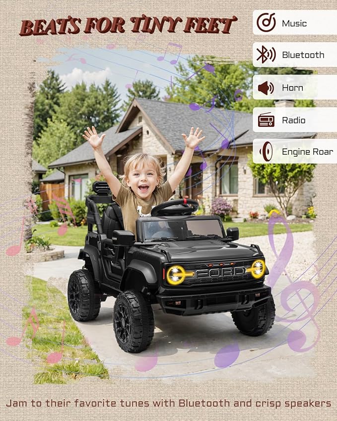 First Ride On 12V Ride on Toys for Kids, Licensed Ford Bronco Raptor Children Electric Vehicles, Toddler Battery Powered Car with Double Doors, 3 Point Safety Belt, Led Lights (12V, Black)