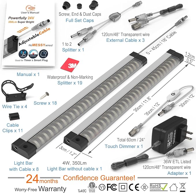 EBD Under Cabinet Lighting Touch Under Cabinet Lights Built-in 45cm Adjustable Cable, Splitter & 3 External Cable, 9 Panel 6500K Coolwhite 3150Lm Kitchen Under Counter Lights