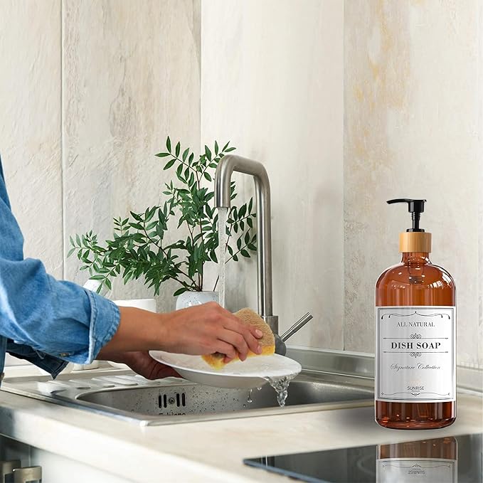 Sunrise Premium Amber Glass Soap Dispenser, Bamboo Pump - Image 4