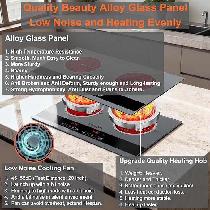 Dual Coil Design of 2 Burner Electric Cooktop, 1800W Ceramic Hot Plate for Cooking, Infrared Double Burner Portable Countertop or 24inch Built-in Radiant Stove Top Cooker, Compatible with All Cookware