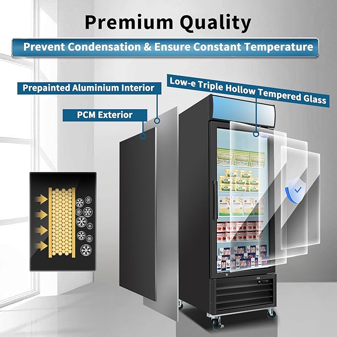 Glass Door Merchandiser Freezer 19.2 Cu.ft Swing Door Commercial Reach-In Display Freezers with LED Top Panel Upright Freeze Storage (1 Door)