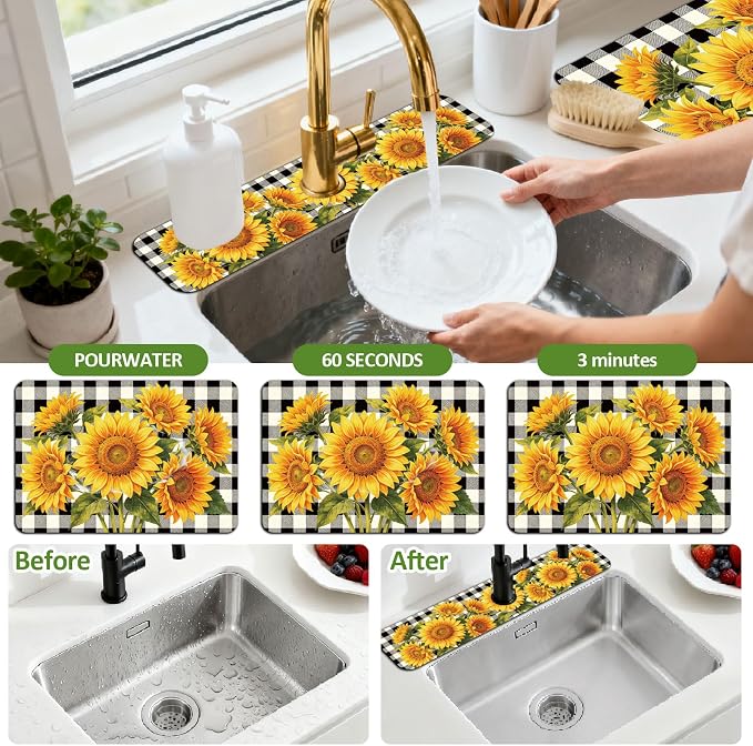 3 Pcs 2 Size Kitchen Sink Splash Guard Faucet Mat Plaid Sunflowers Pattern - Image 4