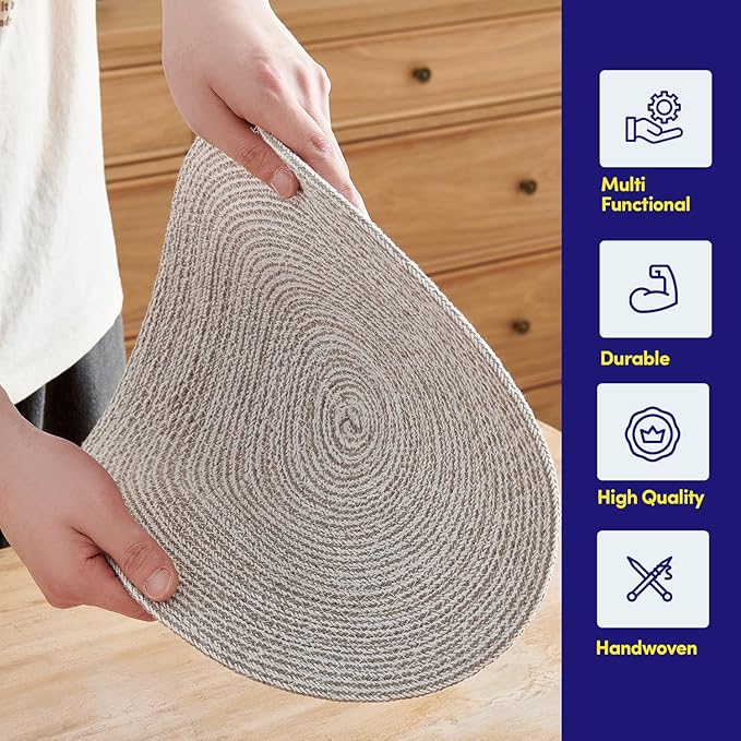 Round Placemats Set of 4-100% Cotton Two-Tone Placemat for Dining Table - Woven Braided Table Setting Place Mat - Washable Table Decor for Kitchen, Farmhouse, Rustic, Everyday Use, Gray