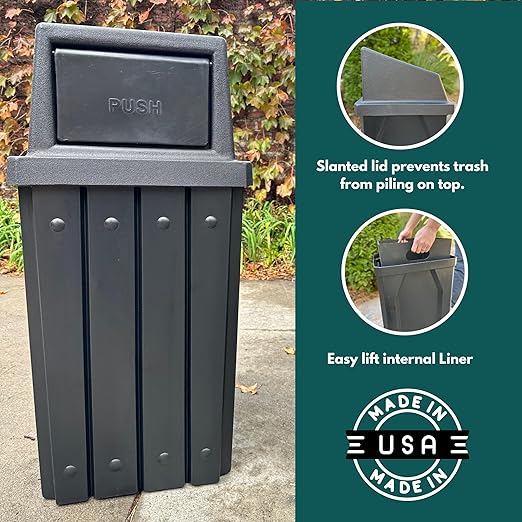 Campus Collection 32 Gallon Square Slatted 100% Recycled Plastic Heavy Duty Outdoor Trash Can with Push Top Lid - Great for Schools and Businesses - Red