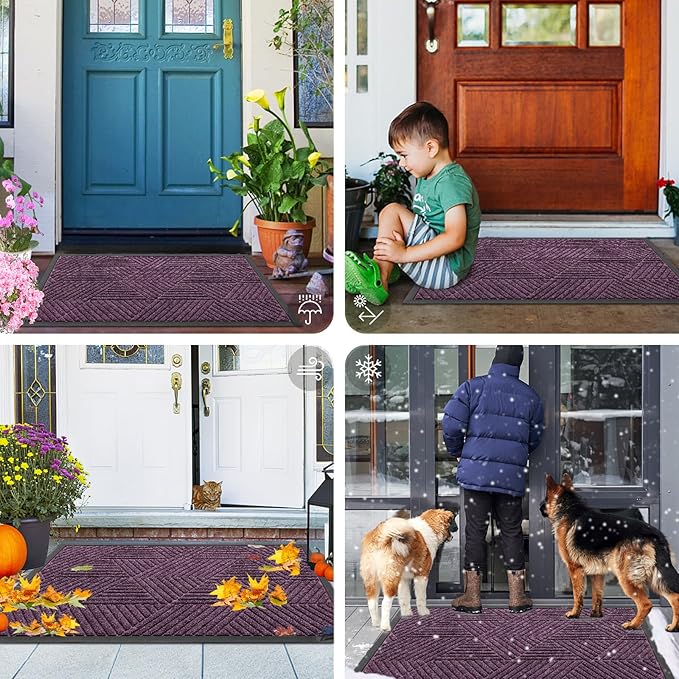 Smiry Front Door Mat Outside Entrance, Heavy Duty Sturdy Natural Rubber Doormat, Trap Dirt and Moisture, Easy Clean Low Profile Mats for Indoor Outdoor Entry, Irregular Triangle (29.5x17, Purple)