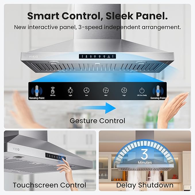 42In Island Range Hood, 390 CFM Stainless Steel Ducted Island Mount Range Hood, kitchen island vent hood with 3-Speed Fan, Touch/Gesture, 4 Stainless Steel Baffle Filters, Ceiling Mount