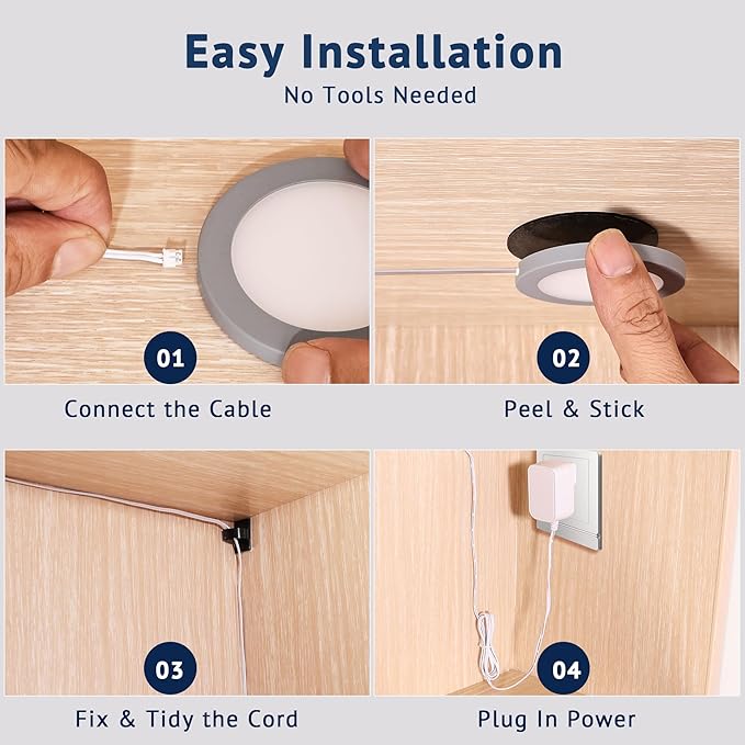 V4light Smart Puck Lights 4 Pack, Plug-in Under Cabinet Lighting for Kitchen, Closet & Shelf, App, Voice & Hand Control, Works with Alexa & Google Home, Dimmable & Adjustable Warm to Cool White Light