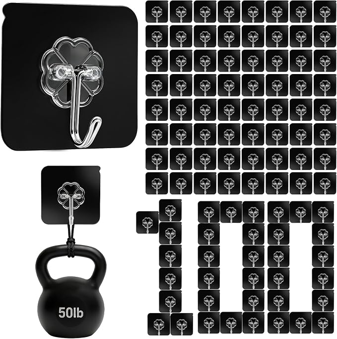 DDMY 100 Pack Adhesive Wall Hooks 50LB Heavy Duty Black Sticky Hook | Newly by DDMY