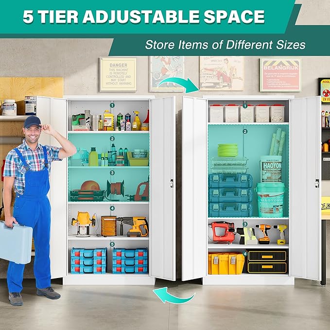 SISESOL Wide & Deep Metal Storage Storage Cabinet with Adjustable Shelves,White Metal Cabinet with Lock,Steel Pantry Cabinets,72" Lockable Cabinets for Home,Office,Garage,Kitchen,Shop