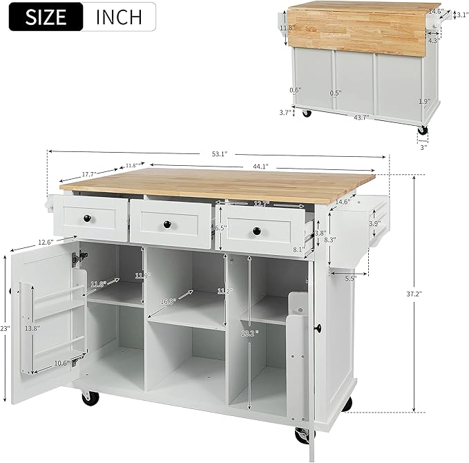 Merax Rolling Mobile Kitchen Island Cart Breakfast Bar with Wood Top, Door Internal Storage Racks, 3 Drawers and 5 Wheels for Dining Room