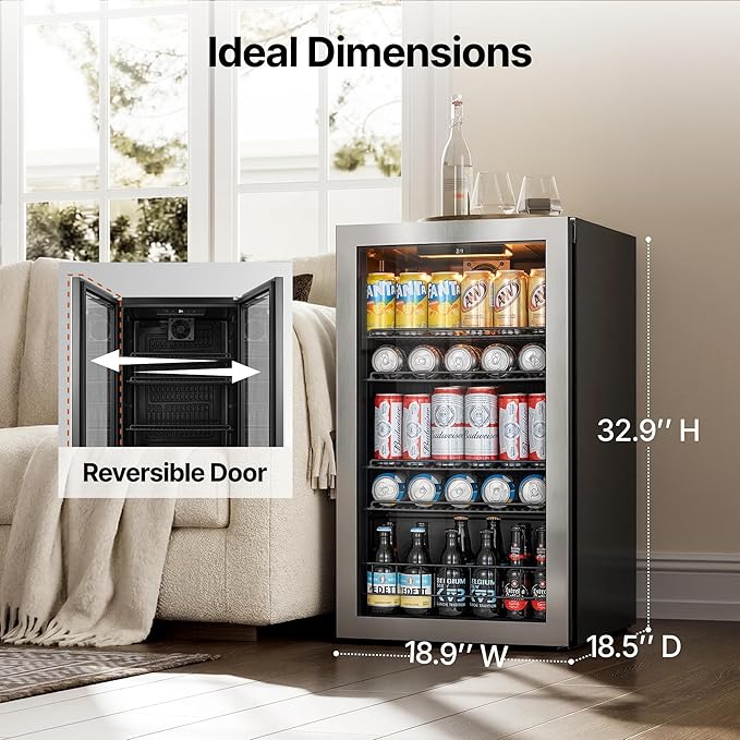 Ca'Lefort 130 Cans Beverage Cooler Mini Fridge, Beverage Refrigerator with Reversible Glass Door, Adjustable Shelves for Soda, Beer & Wine, Digital Temperature Control for Home, Office, Bar or Dorm
