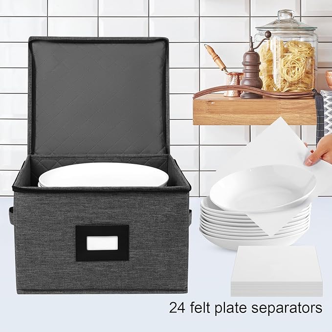 Mayniu China Storage Containers Hard Shell, 12" Plate Storage Containers for Dishes, Stackable Dinnerware Storage with 48 Felt Dividers (4 Pack Black)