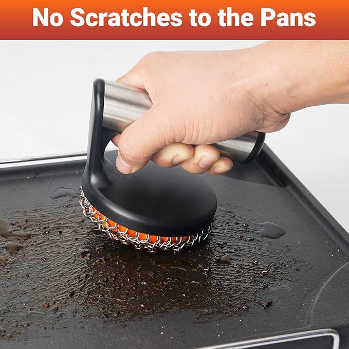 Skyflame Cast Iron Scrubber with Handle, Stainless Steel Chainmail Scrub, Skillet Cleaner/Brush for Cast Iron Pans, Griddles, Dutch Oven and Grills