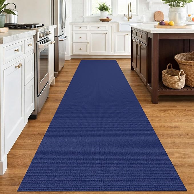 IOHOUZE Washable Runner Rug 3x12 Non Slip Rubber Backed Extra Long Hallway Runner Entryway Runner Indoor, Kitchen Rugs Woven Cotton Floor Carpet for Hall Entrance, Royal Blue/Navy