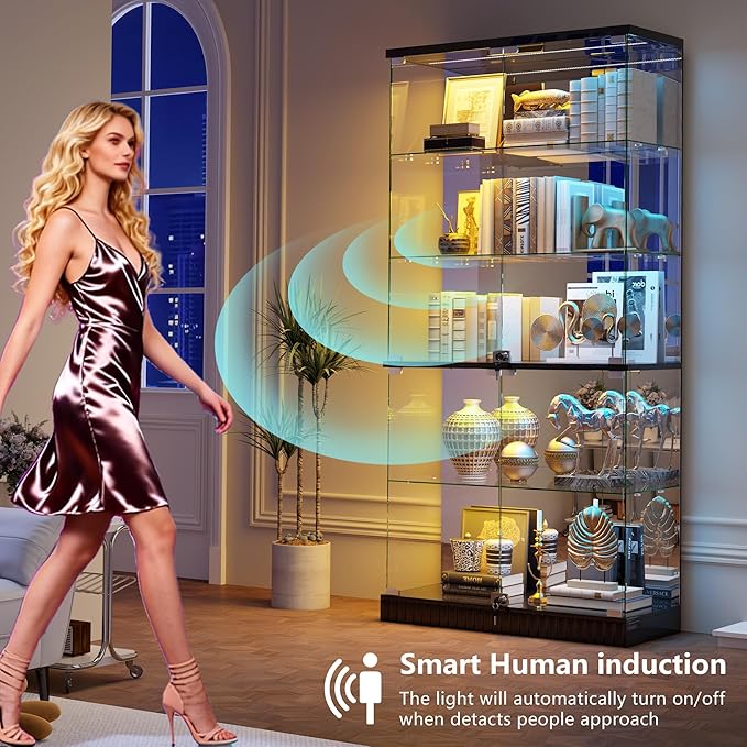 Glass Display Cabinet with RGB Lights - 5-Tiers Curio Cabinet Display Case with Lock, Frameless Tall Showcase Display Shelf for Collectibles & Legos, Living Room Bookcase Storage Cabinet (Black)