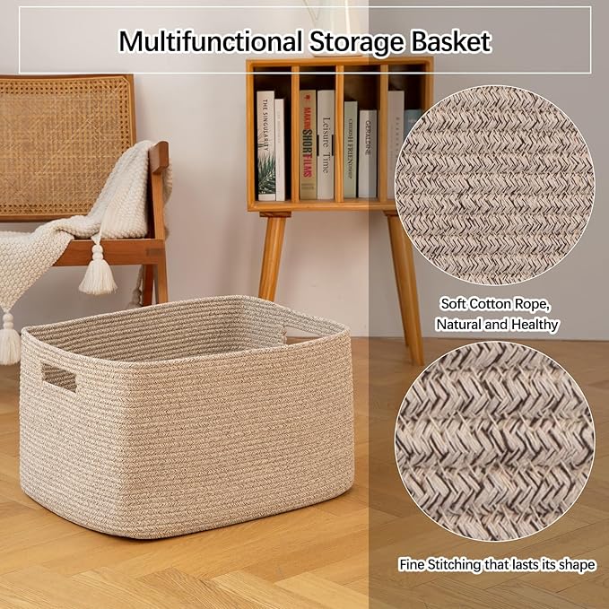OIAHOMY Cotton Rope Basket Rectangle Blanket Basket living Room Brown - Image 4