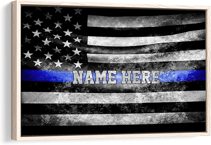 Personalized Police Poster & Framed Canvas, American Flag With Blue Line Home Office Decor, Custom Name Bedroom Living Room Aesthetic Wall Art Gift For Law Enforcement, First Responder
