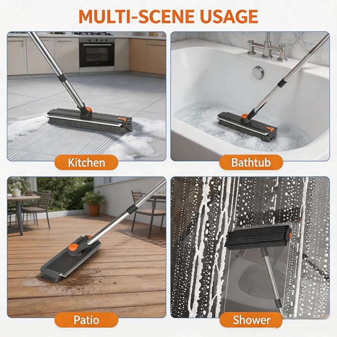 3-in-1 Floor Scrub Brush with Long Handle, Rotating Head Squeegee & Tweezer | - Image 6