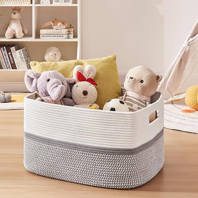OIAHOMY Blanket Basket Laundry Basket Dog Toy Basket 75L Grey/White - Image 5