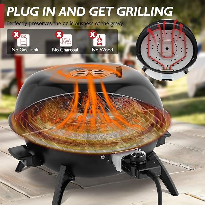 Outvita Indoor/Outdoor Electric Grill, 1600W Portable Removable Stand Grill with Double Layer Design for Countertops, BBQ, Patio & Backyard (Black)