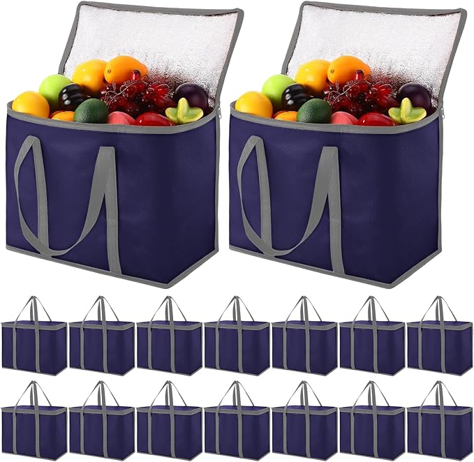 Kenning 15 Pcs Large Insulated Reusable Grocery Bags with Sturdy Zipper and Handles Foldable Washable Cooler Totes Heavy Duty Hot or Cold Food Delivery Bag for Food Transport Travel Lunch (Navy Blue)