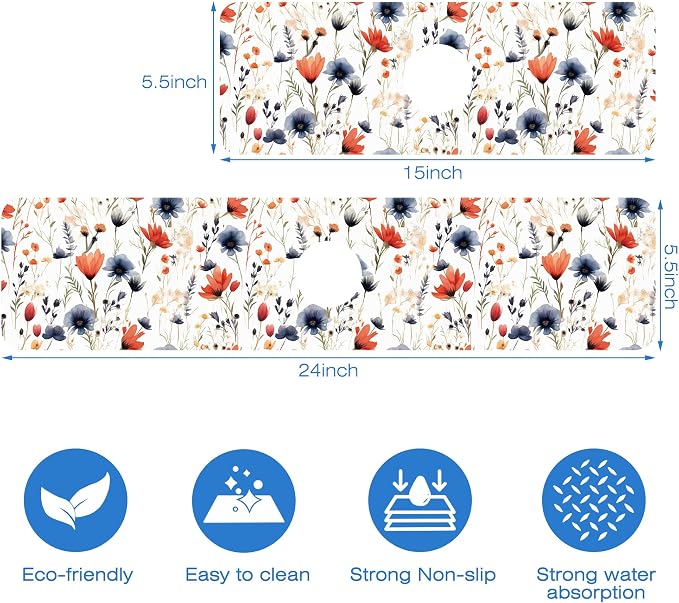 Watercolor Red and Blue Flowers Sink Faucet Absorbing Mat Sink Splash Guard - Image 3