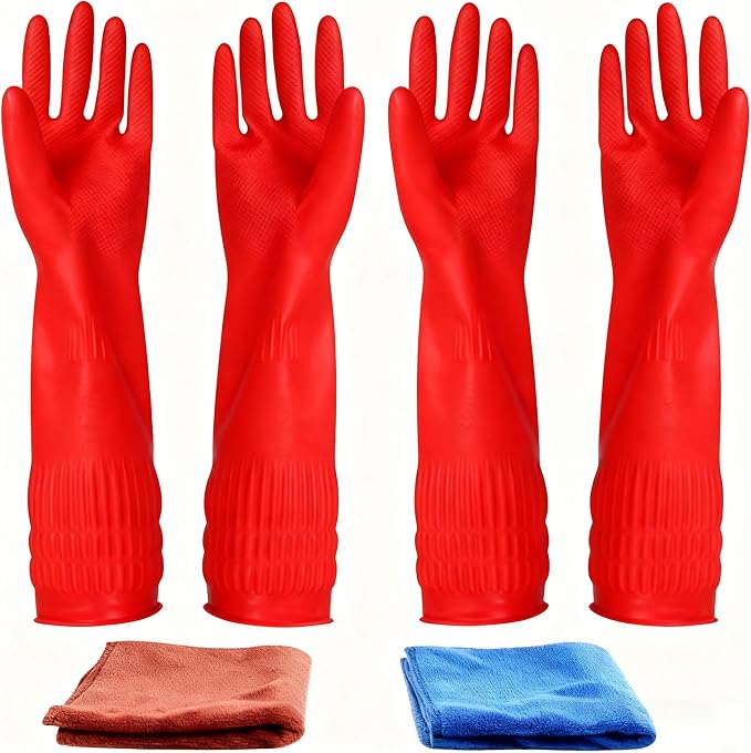 Rubber Cleaning Gloves Kitchen Dishwashing Glove 2-Pairs And Cleaning Cloth by YSLON