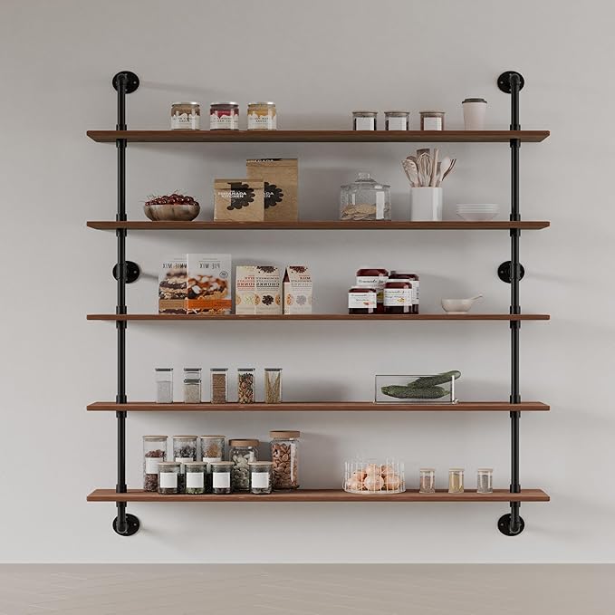 Floating Shelves for Wall Bookshelf Industrial Pipe Shelving Shelves 48 Inch 5 Tier Natural Wood Planks Rustic Wall Shelves Hanging Bookshelves Farmhouse Kitchen Shelving
