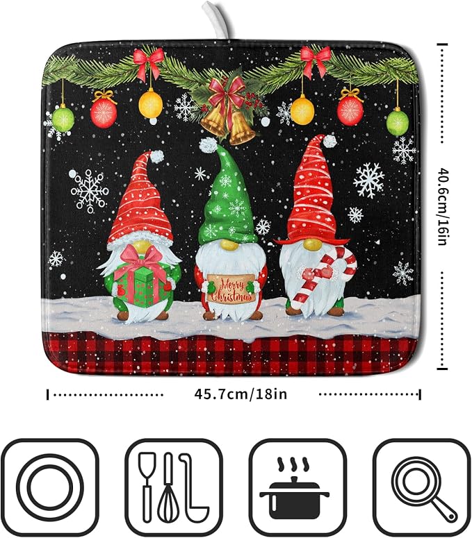 Merry Christmas Dish Drying Mat Black Gnomes Dish Drainer Mats 16x18 Inch - Image 2