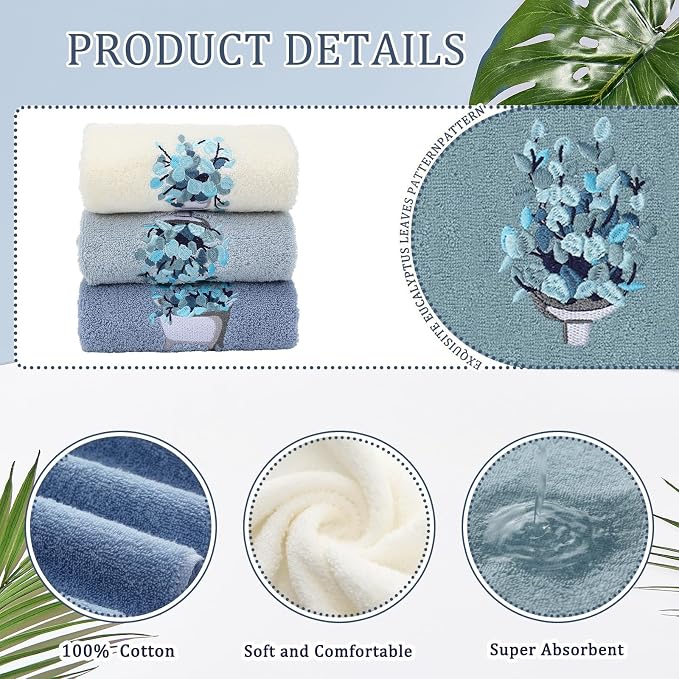 3 Pcs Blue Eucalyptus Leaves Hand Towels Botanical Bathroom Decor | Embroidered - Image 3