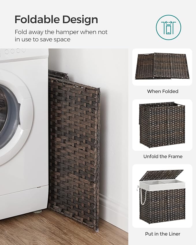 SONGMICS Laundry Hamper with Lid, 130L Double Wicker Basket, 6 Mesh Bags - Image 8