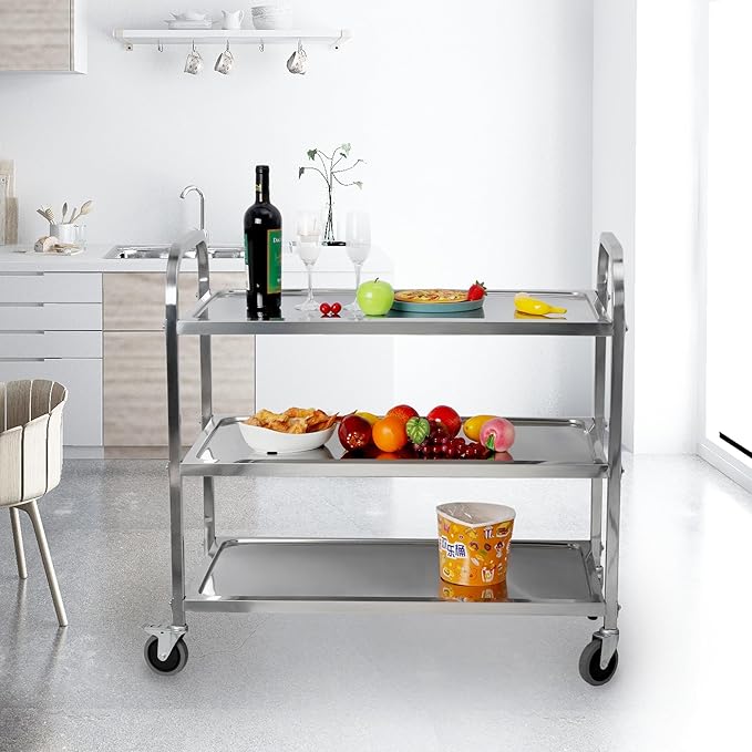 uyoyous Extra Large 3 Tier Stainless Steel Utility Cart 37 x20 x37 inch Commercial Heavy Duty Rolling Cart Food Storage Service Trolley with 360°Rotatable Wheels for Kitchen Hotel Restaurant Home Use