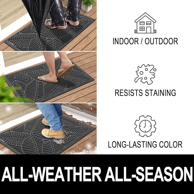 Colorxy Waterproof Doormat, Sturdy Natural Rubber Front Indoor Mat, Non Slip Low Profile Outdoor Door Mats, Stain and Fade Resistant Floor Mats, Easy Clean Patio Entry Mat, 30''x17'', Light Grey