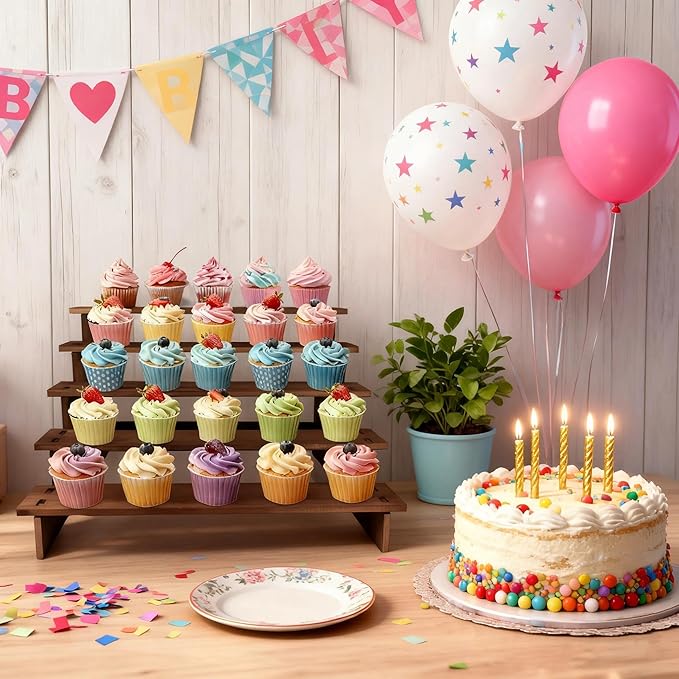 5 Tier Cup Cake Stand - Rustic Wooden Cupcake Stand, Tiered Wood Riser Display Stands, Multi-Functional Uses - as Dessert Stands, Vendor Display Shelves, Spice Rack, Easy to Install
