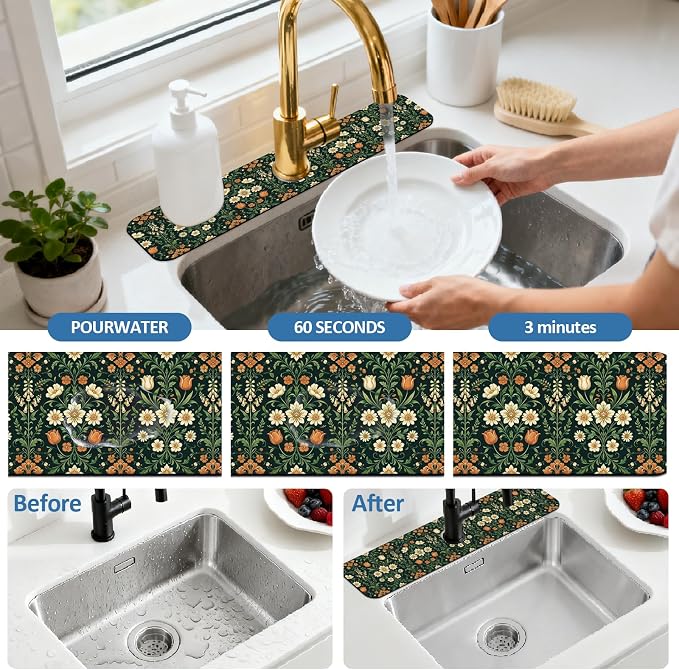 2Pcs Vintage Plants Kitchen Sink Splash Guard Faucet Mat Vintage Flowers Leaves - Image 5