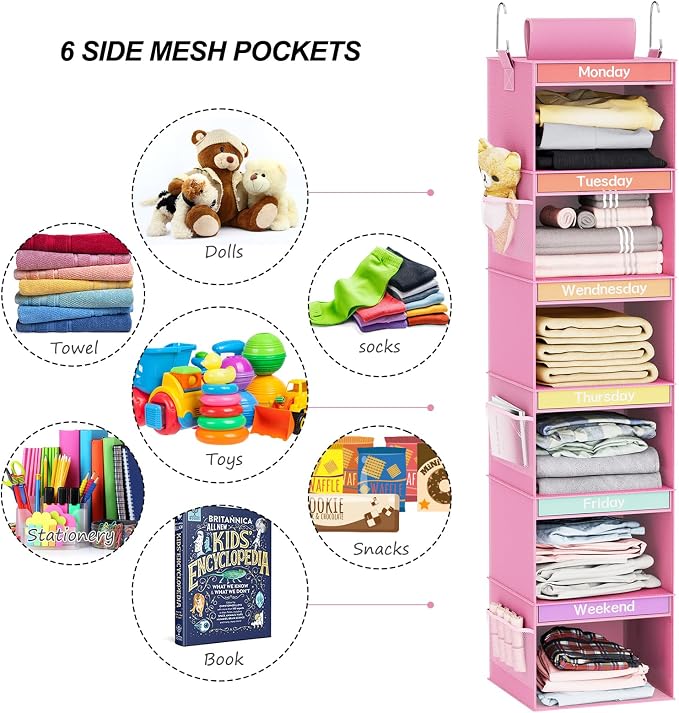 Fixwal Weekly Kids Clothes Organizer 6-Shelf Hanging Closet Storage Pink | - Image 5