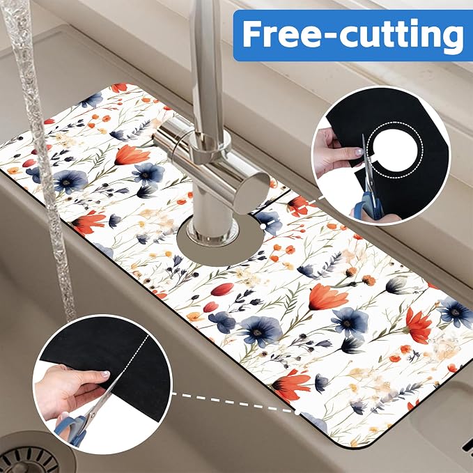 Watercolor Red and Blue Flowers Sink Faucet Absorbing Mat Sink Splash Guard - Image 7