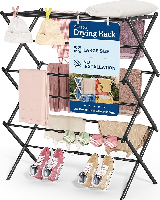 Oversize 3-Tier Clothes Drying Rack, No Install, Non-slip feet, Tool-free Setup by APEXCHASER