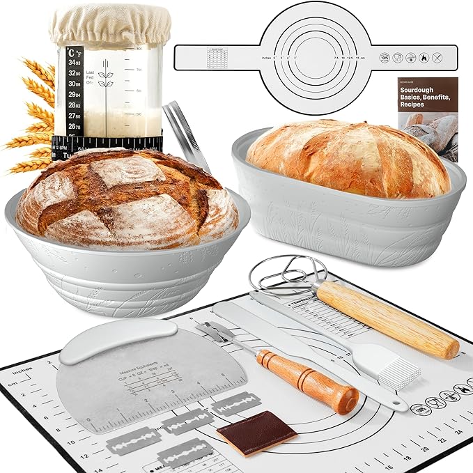 Sourdough Starter Kit with Jar – Complete Sourdough Bread Baking Supplies for Beginners, Includes 2 Silicone Proofing Baskets Baking Mat Sour Dough Kit - Gray