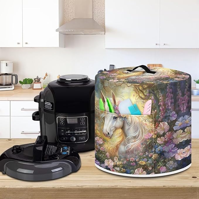 TODIYADDU White Horse Floral Pressure Cooker Cover with Pocket Novelty Air Fryer Cover Dust Cover Insulated Kitchen Appliance Cover Protector for Pressure Cooker Instant Pot Accessories Presents, S