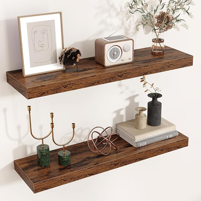 Floating Shelves for Wall 24"W x 6.7"D x 1.37"H, Engineered Wood Wall Shelves with Invisible Brackets for Living Room Bedroom Bathroom Office Kitchen Decor and Storage, Rustic Brown Finish, Set of 2
