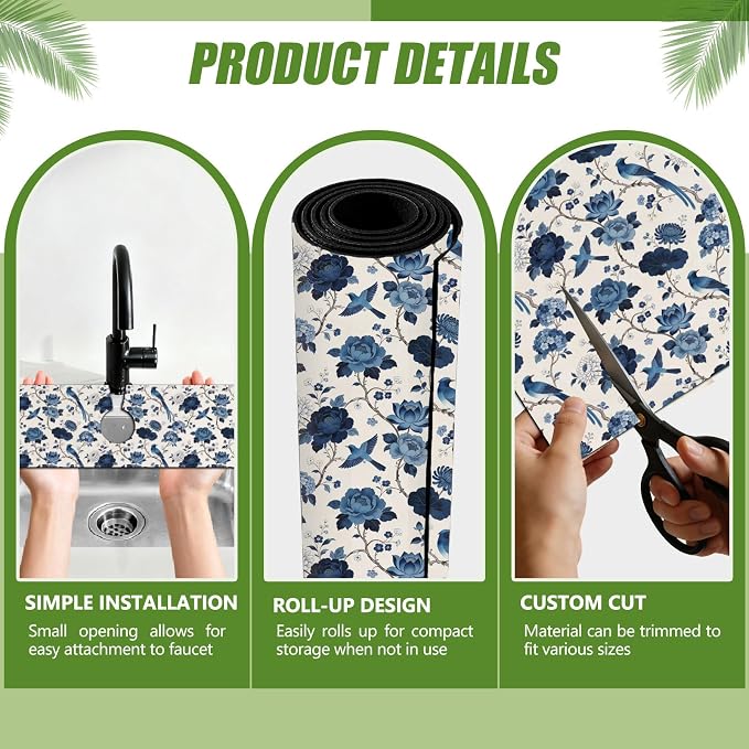 3 Pcs 2 Size Kitchen Sink Splash Guard Faucet Mat Blue Flowers and Birds - Image 3