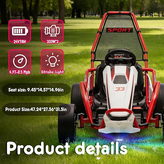24V 8.5 MPH Electric Go Kart for Kids, 400W Powerful Drift Kart w/Front EVA Wheel & Metal Frame, Ride on Toy w/Music & Lights, Suspension, 2 Speed, 5 Point Harness, Crazy Cart for Ages 6+, Red