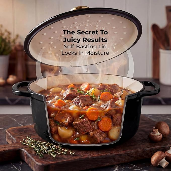 Zulay Kitchen 6 Quart Enameled Cast Iron Dutch Oven Pot with Lid – Premium Durability & Oven Safe up to 500°F – Heavy Duty Cookware Perfect for Bread Baking, Stews, Braising & Roasting – Black